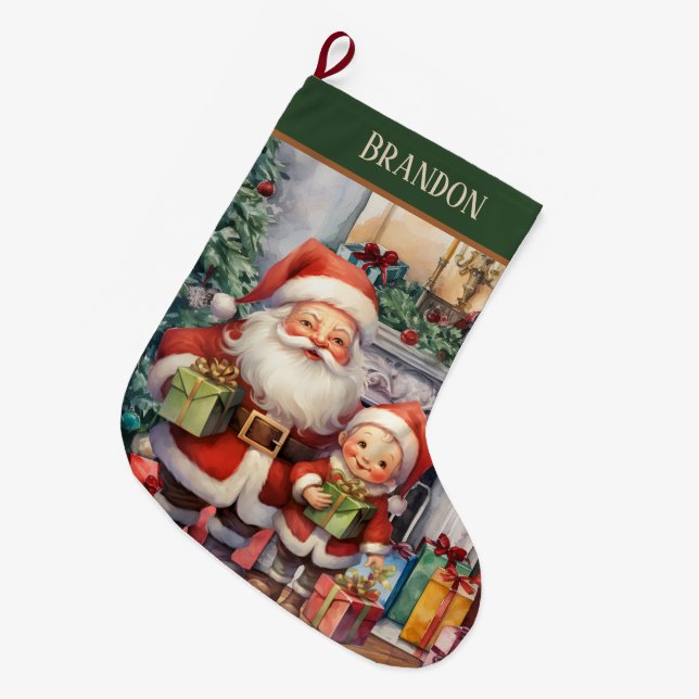 Cute watercolor boys add name Santa Large Christmas Stocking (Front (Hanging))
