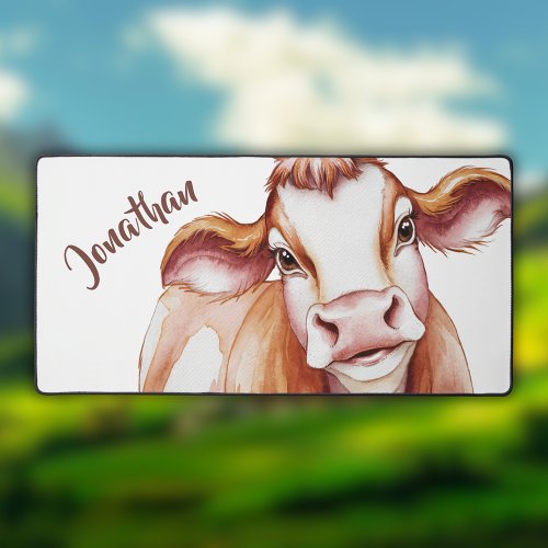 Cute Watercolor Brown Cow Desk Mat