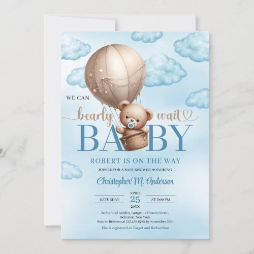 Cute watercolor brown teddy bear hot air balloon invitation