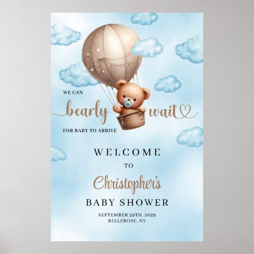 Cute watercolor brown teddy bear hot air balloon poster