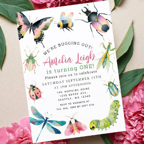 Cute Watercolor Bugs & Insects Girl 1st Birthday Invitation