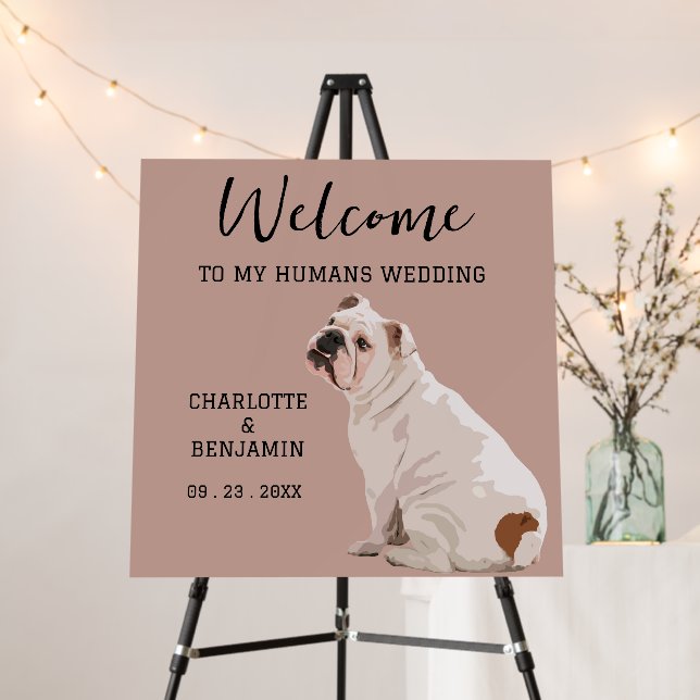 Cute Watercolor Bull Dog Wedding Welcome Sign (In Situ (Stand))