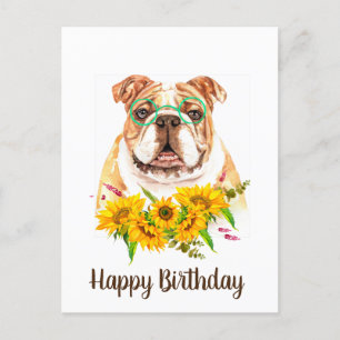 Cute Watercolor Bulldog & Sunflowers Birthday  Postcard