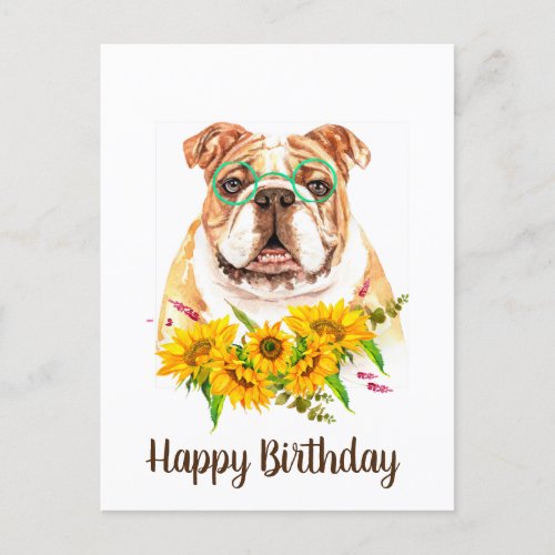 Cute Watercolor Bulldog  Sunflowers Birthday  Postcard