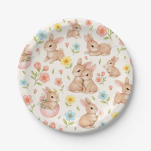 Cute Watercolor Bunnies & Flowers Pattern Paper Plates
