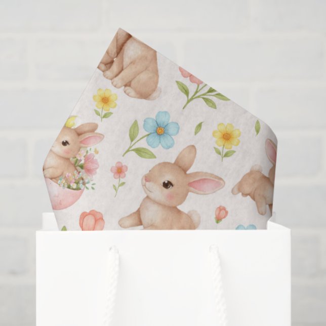 Cute Watercolor Bunnies & Flowers Pattern Tissue Paper (Gift Bag)