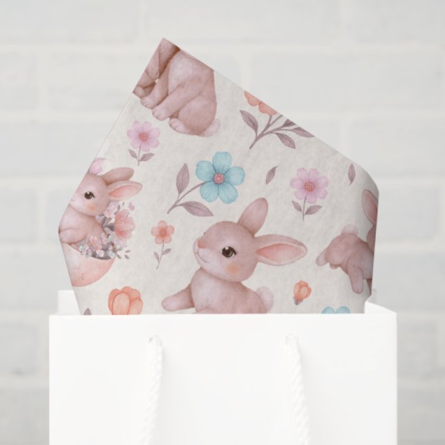 Cute Watercolor Bunnies & Flowers Pattern Tissue Paper (Gift Bag)