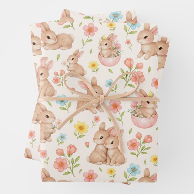 Cute Watercolor Bunnies & Flowers Pattern Wrapping Paper Sheets (In situ)