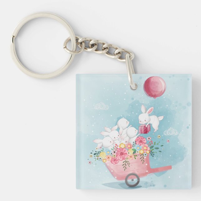Cute Watercolor Bunnies Keychain (Front)