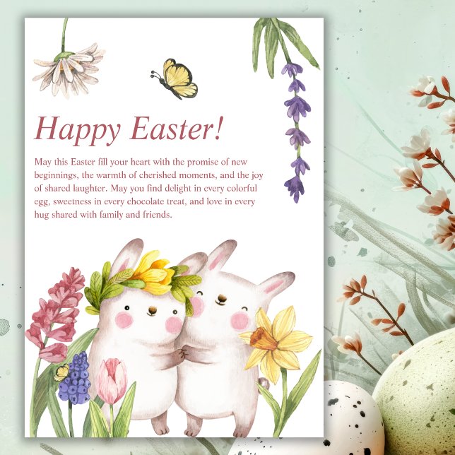 Cute Watercolor Bunnies Spring Flowers Easter Holiday Card (Creator Uploaded)