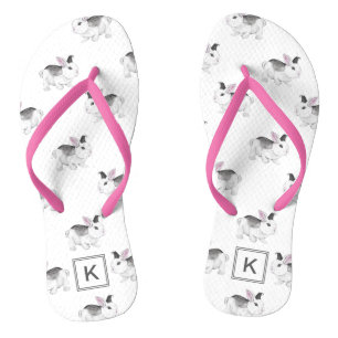 Cute Watercolor Bunnies with Monogram Flip Flops