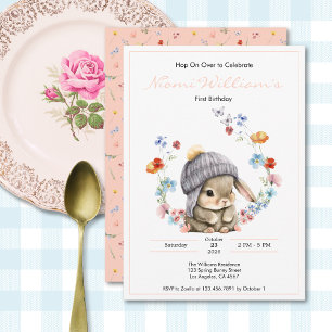 Cute Watercolor Bunny 1st Birthday Invitation