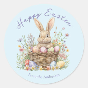 Cute Watercolor Bunny and Easter Egg Floral Photo Classic Round Sticker
