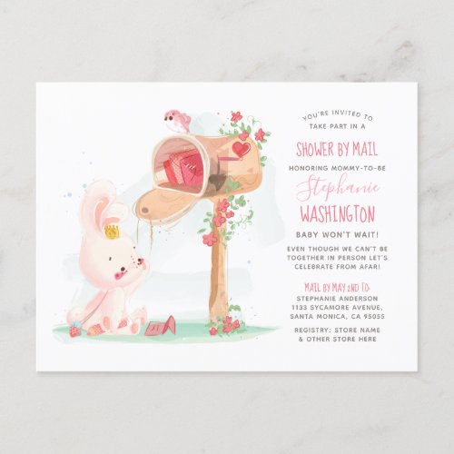 Cute Watercolor Bunny Baby Girl Shower By Mail Invitation Postcard