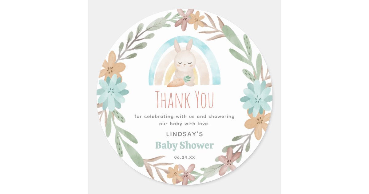 Cute Watercolor Bunny Baby Shower Thank You Classic Round Sticker | Zazzle