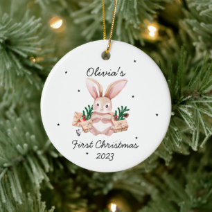 Cute Watercolor Bunny Baby's First Christmas Ceramic Ornament