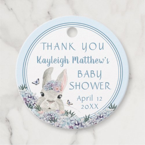 Cute Watercolor Bunny Blue Floral Baby Shower Favor Tags