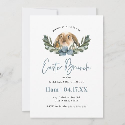 Cute Watercolor Bunny  Chic Easter Brunch Blue Invitation