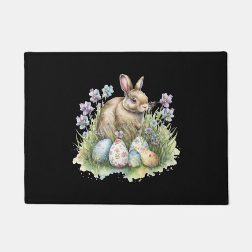 Cute Watercolor Bunny Colorful Eggs Easter Holiday Doormat