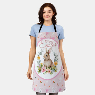 Cute Watercolor Bunny Floral Wreath Easter Apron