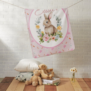 Cute Watercolor Bunny Floral Wreath Easter Baby Blanket
