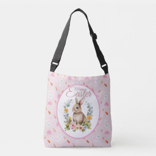 Cute Watercolor Bunny Floral Wreath Easter Crossbody Bag