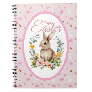 Cute Watercolor Bunny Floral Wreath Easter Notebook