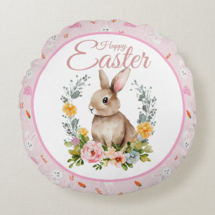 Cute Watercolor Bunny Floral Wreath Easter Round Pillow