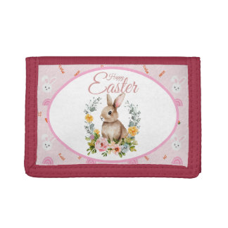 Cute Watercolor Bunny Floral Wreath Easter Trifold Wallet