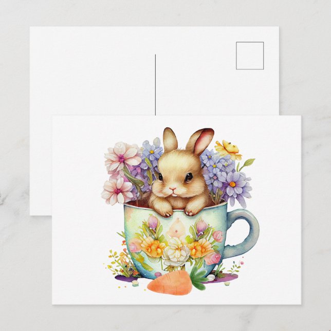 Cute Watercolor Bunny in Flower Tea Cup  Postcard (Front/Back)