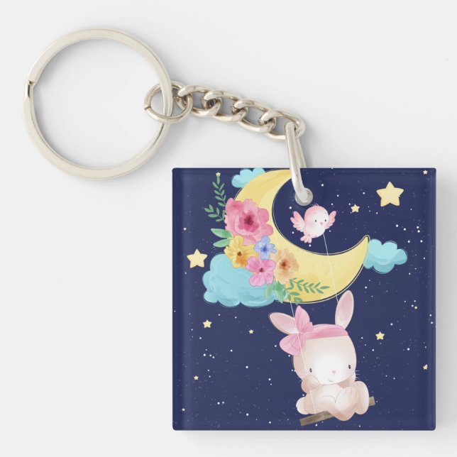 Cute Watercolor Bunny Keychain (Front)
