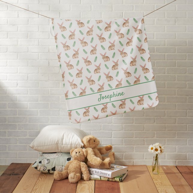 Cute Watercolor Bunny Pattern With Custom Name Baby Blanket (In Situ)