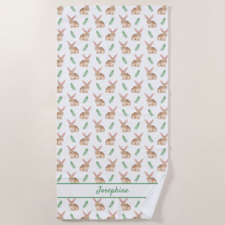 Cute Watercolor Bunny Pattern With Custom Name Beach Towel