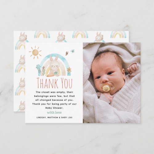 Cute Watercolor Bunny Photo Baby Shower Thank You Card