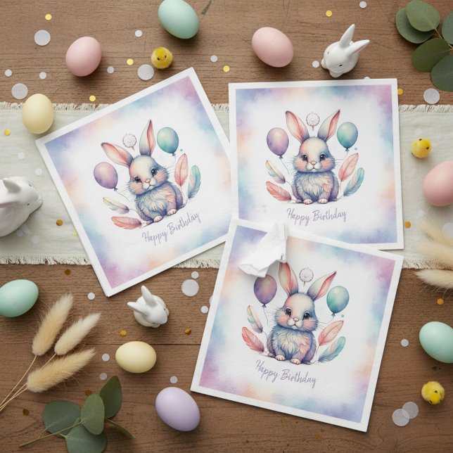 Cute Watercolor Bunny Rabbit Balloons Birthday  Napkins (Cute Watercolor Bunny Rabbit Balloons Birthday Napkins)