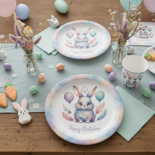 Cute Watercolor Bunny Rabbit Balloons Birthday Paper Plates