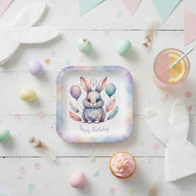 Cute Watercolor Bunny Rabbit Balloons Birthday  Paper Plates (Cute Watercolor Bunny Rabbit Balloons Birthday Paper Plates)