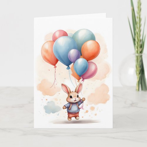 Cute Watercolor Bunny Rabbit Big Balloons Blank Card