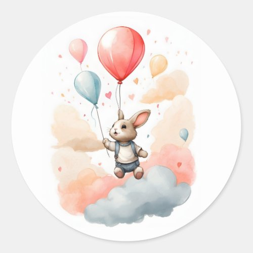Cute Watercolor Bunny Rabbit Big Balloons Classic Round Sticker
