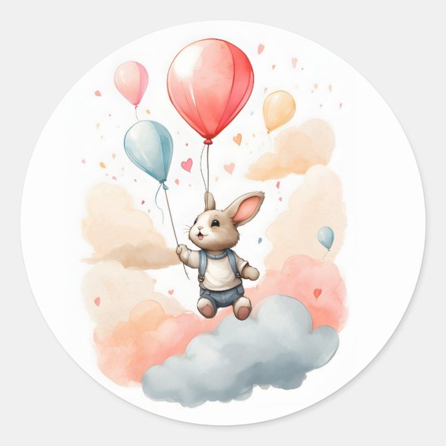 Cute Watercolor Bunny Rabbit Big Balloons Classic Round Sticker (Front)