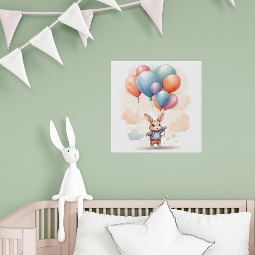 Cute Watercolor Bunny Rabbit Big Balloons Nursery Faux Canvas Print