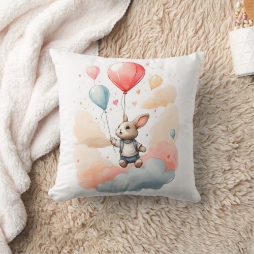 Cute Watercolor Bunny Rabbit Big Balloons Nursery  Throw Pillow