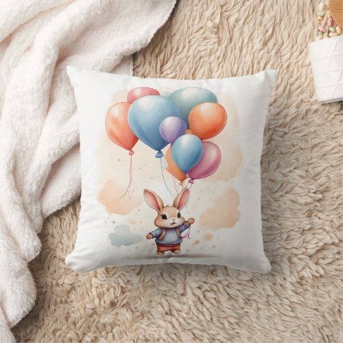 Cute Watercolor Bunny Rabbit Big Balloons Nursery  Throw Pillow