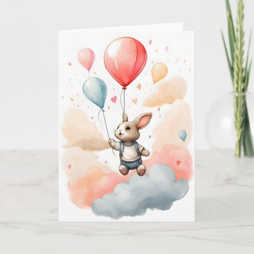 Cute Watercolor Bunny Rabbit Big Red Balloon Blank Card