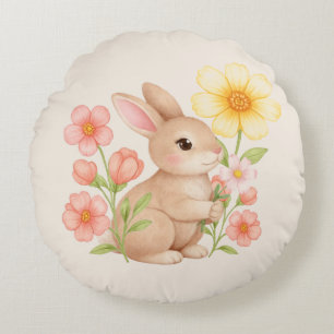 Cute Watercolor Bunny Rabbit Floral Round Pillow