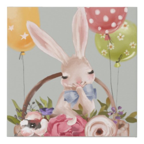 Cute Watercolor Bunny Rabbit Flowers  Easter Faux Canvas Print