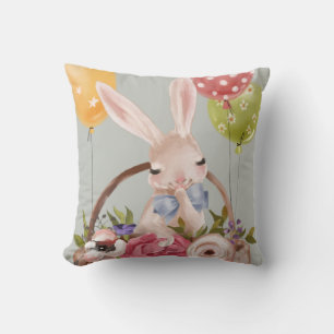 Cute Watercolor Bunny Rabbit Flowers Easter Throw Pillow
