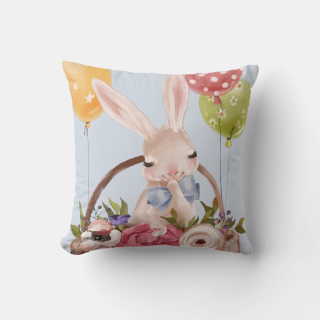 Cute Watercolor Bunny Rabbit Flowers | Easter Throw Pillow (Front)