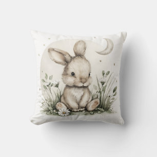 Cute Watercolor Bunny Rabbit with Moon and Stars Throw Pillow