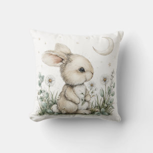 Cute Watercolor Bunny Rabbit with Moon and Stars Throw Pillow